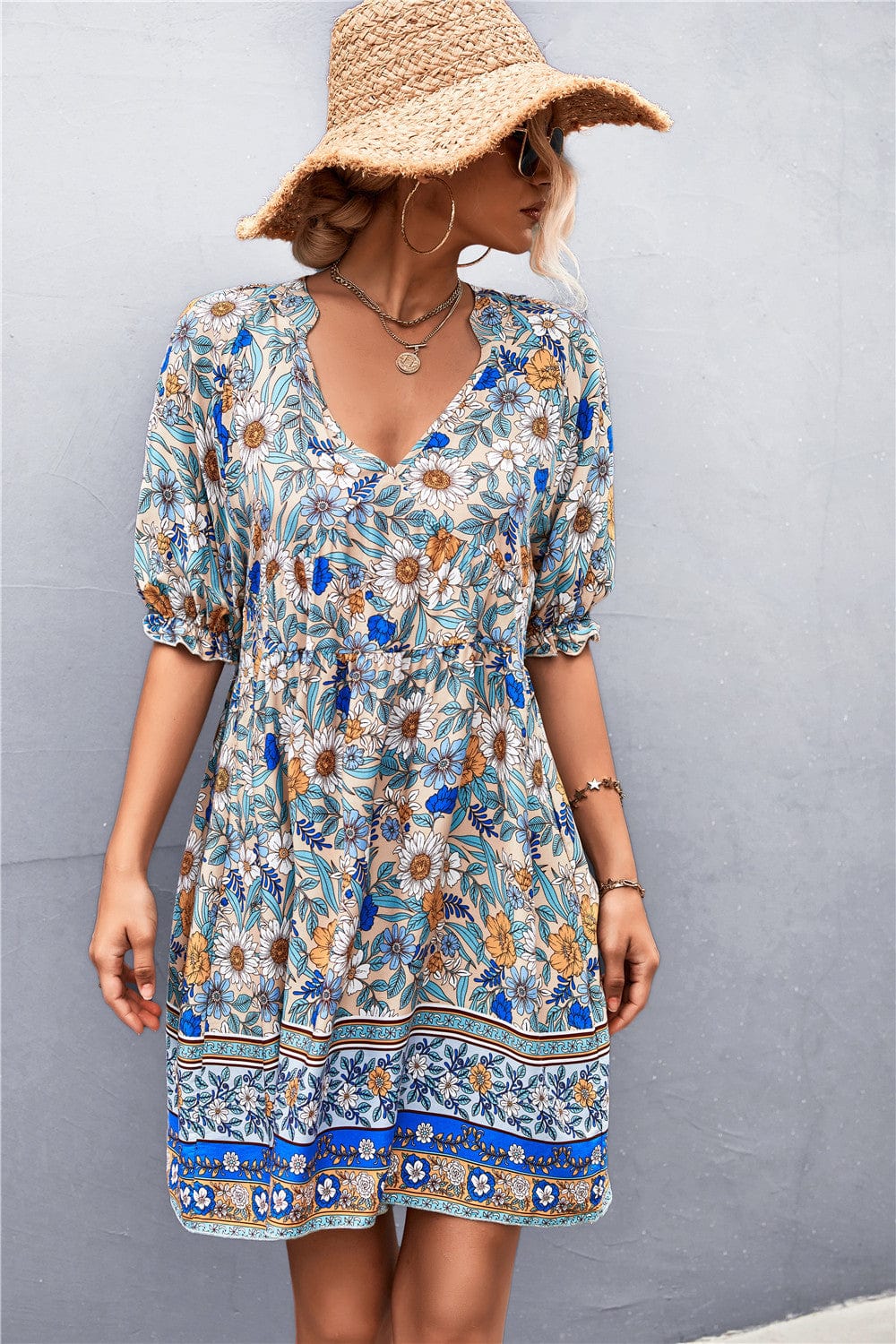 Neck Puff Sleeve Dress