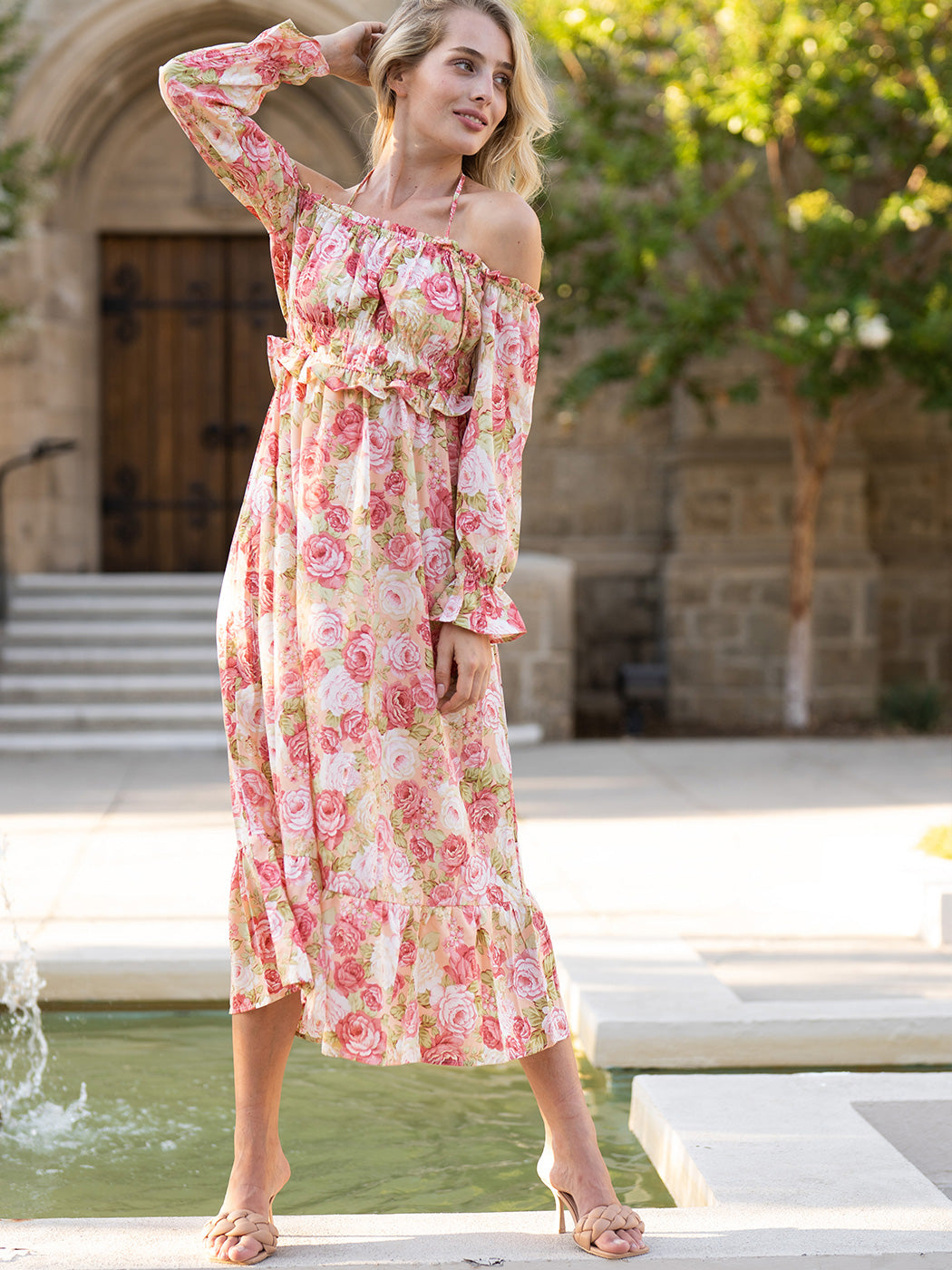 Floral Shirred Ruffled Puff Sleeve Midi Dress