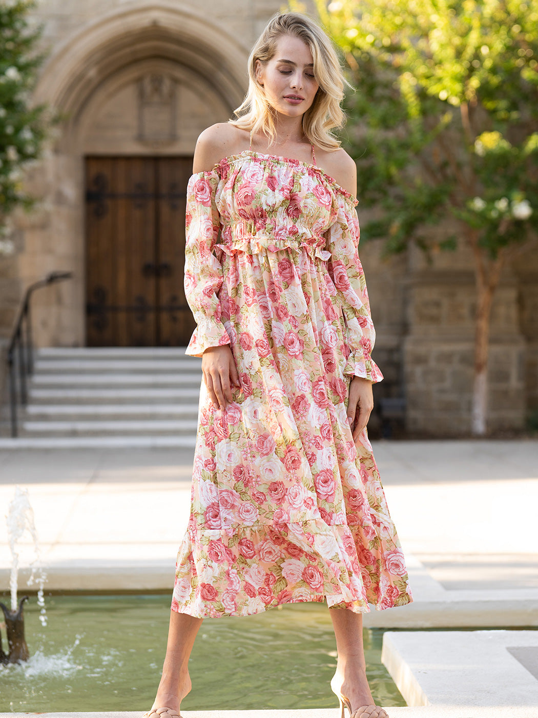Floral Shirred Ruffled Puff Sleeve Midi Dress