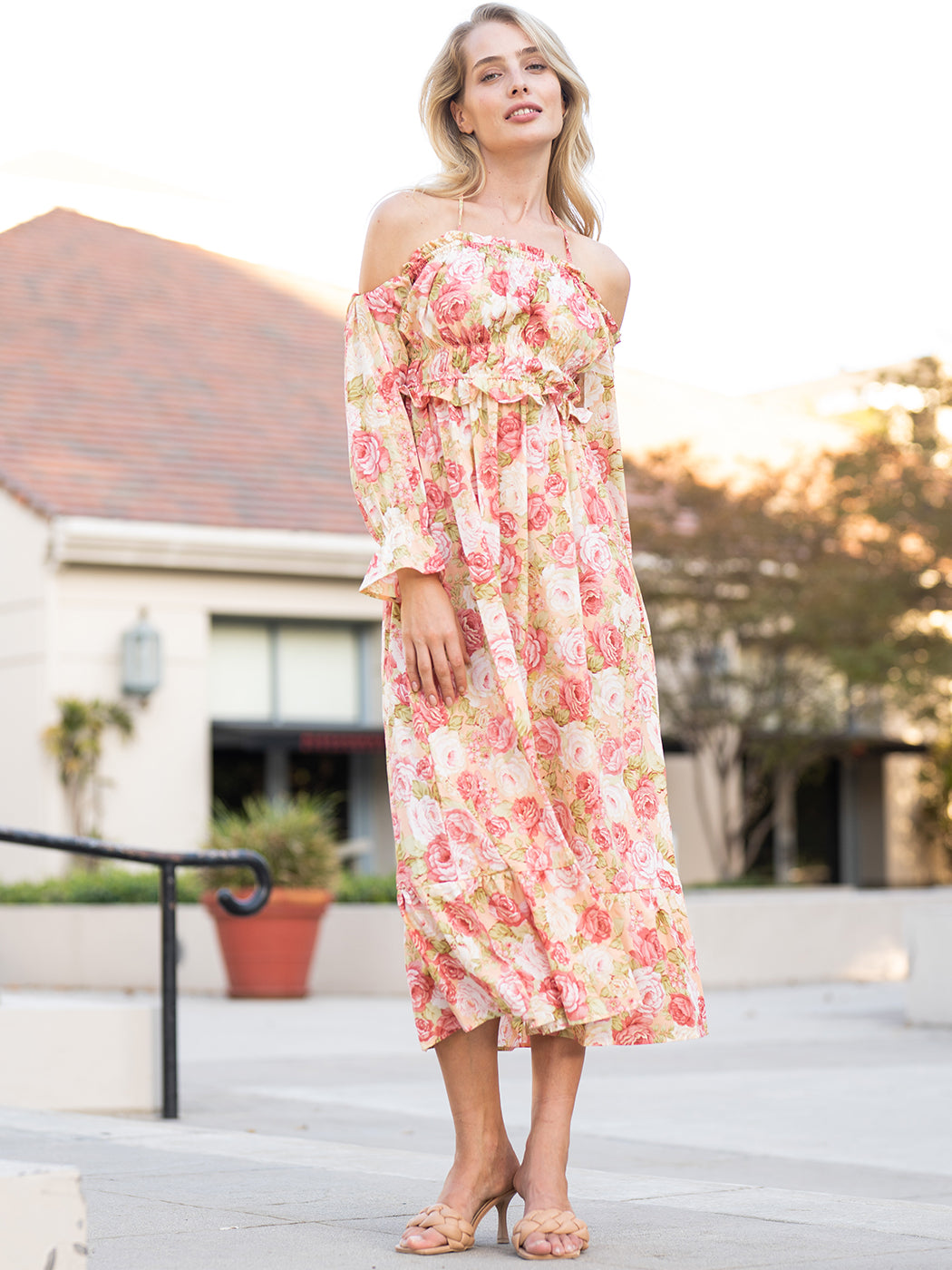 Floral Shirred Ruffled Puff Sleeve Midi Dress