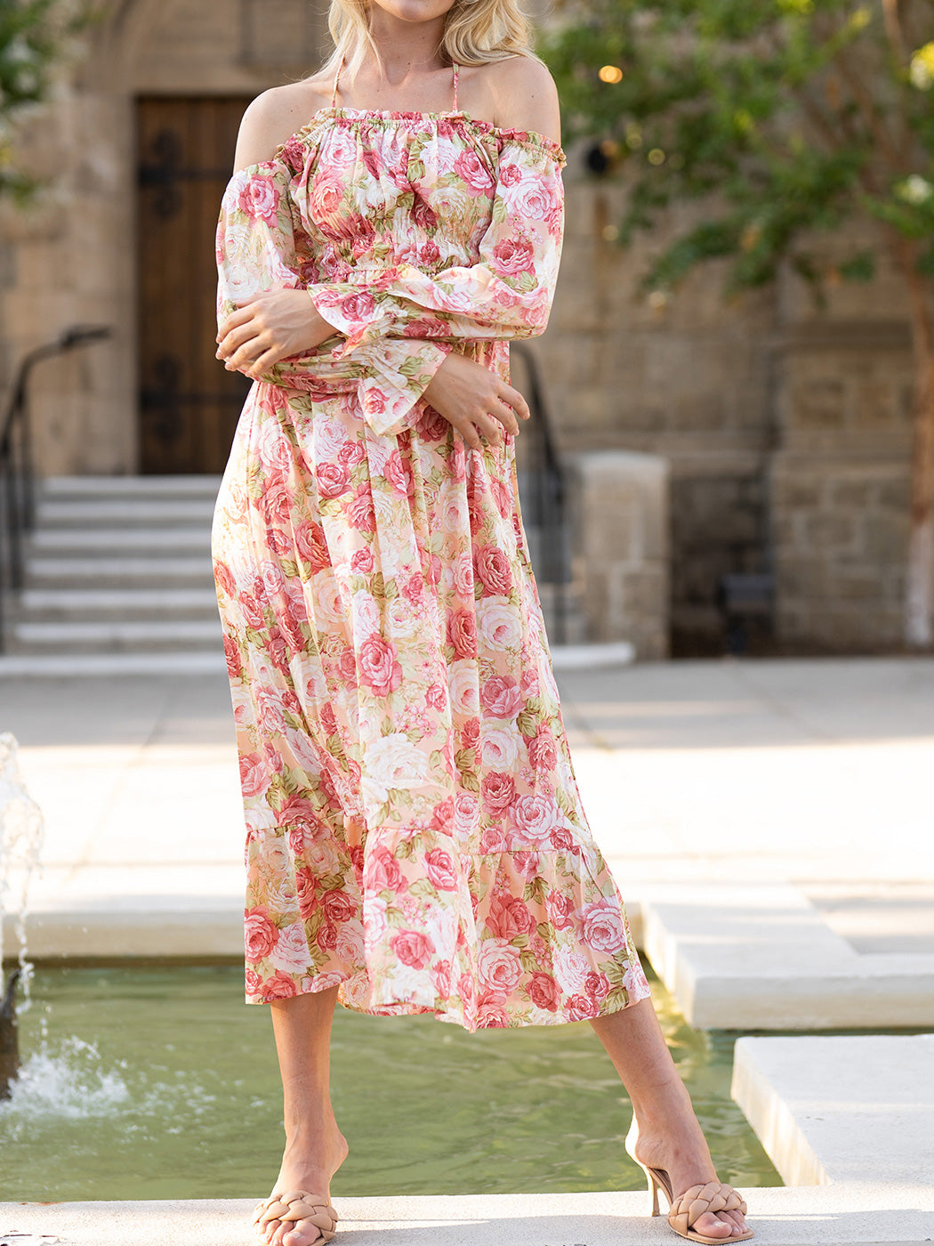 Floral Shirred Ruffled Puff Sleeve Midi Dress