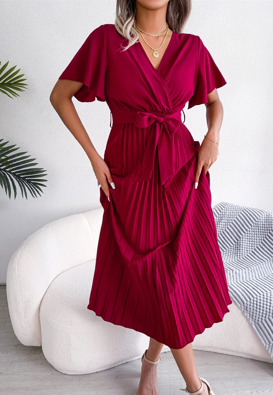 Flutter Sleeve Pleated Dress