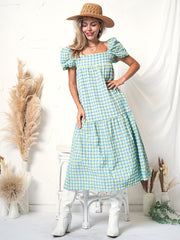 Plaid Print Puff Sleeve Maxi Dress
