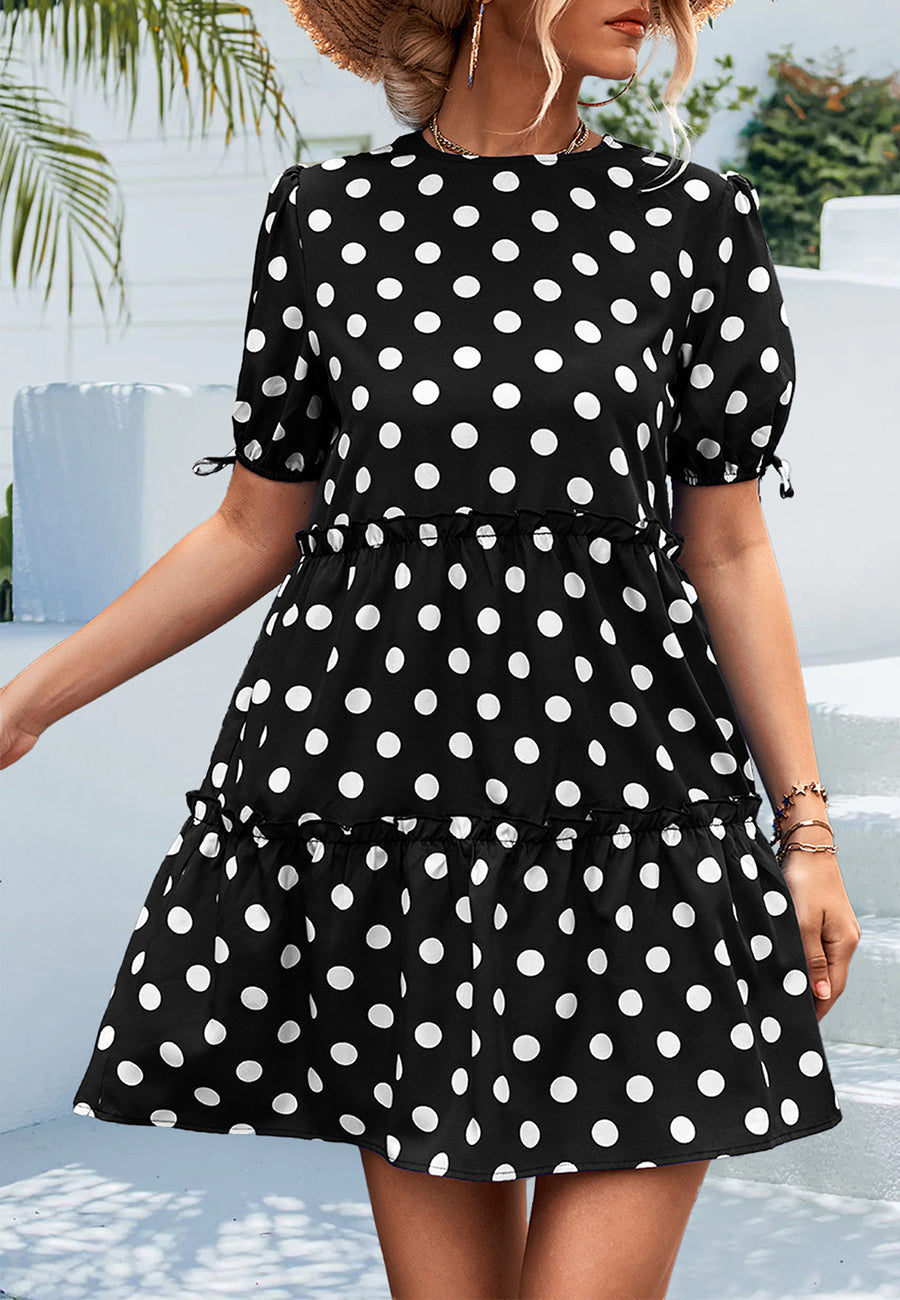 Dot Puff Sleeve Tiered Dress