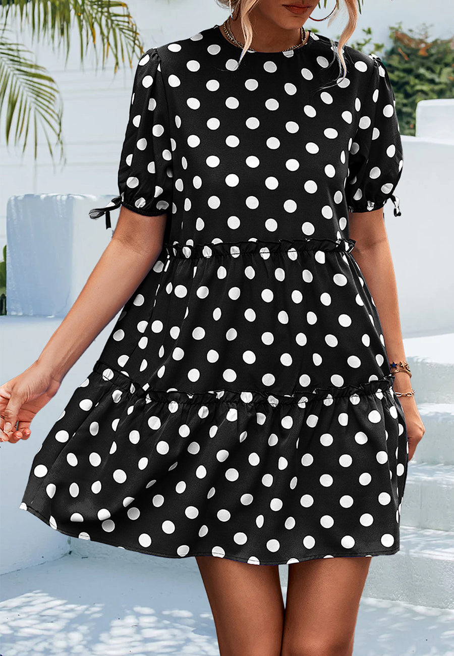 Dot Puff Sleeve Tiered Dress