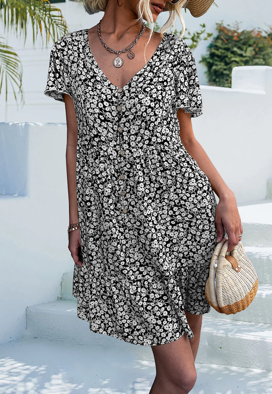 Ditsy Floral Flutter Sleeve Dress