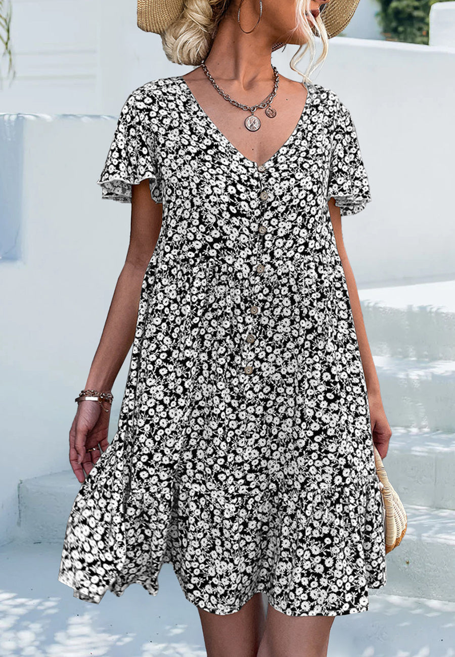 Ditsy Floral Flutter Sleeve Dress