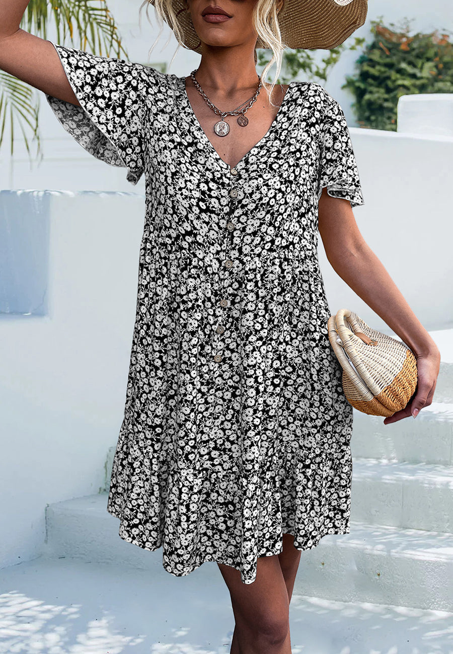 Ditsy Floral Flutter Sleeve Dress