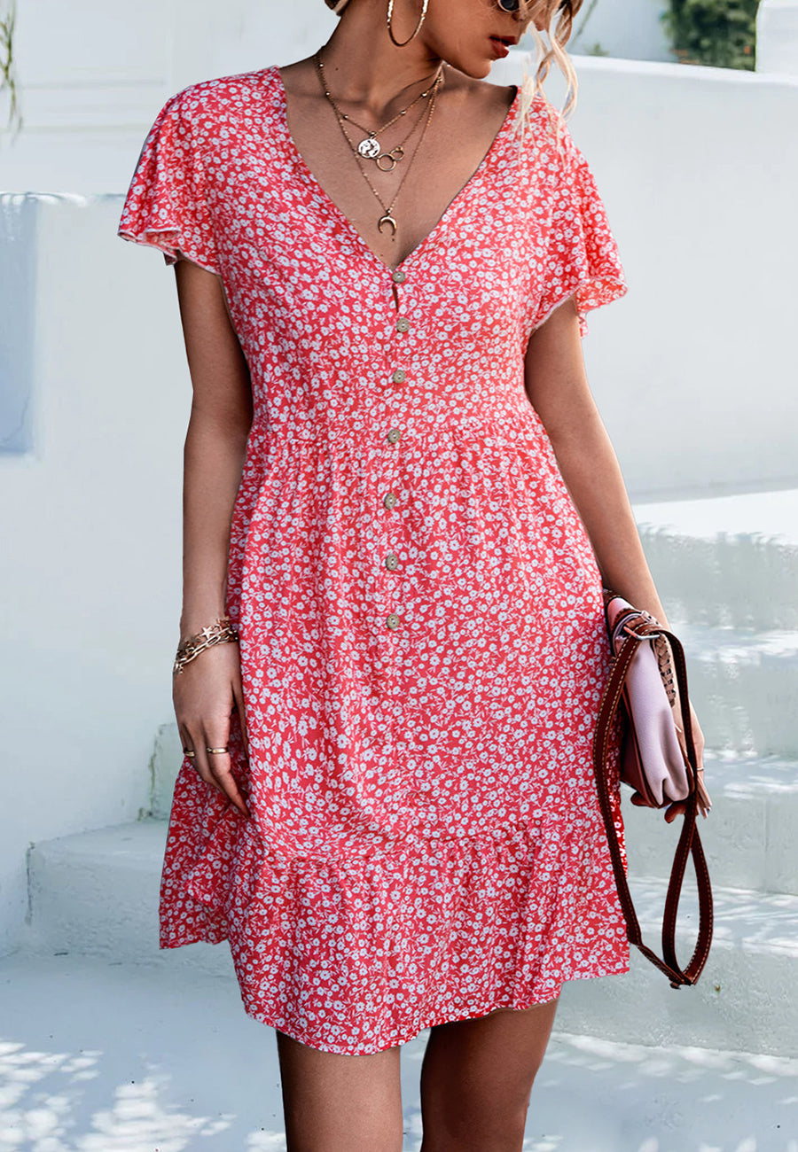 Ditsy Floral Flutter Sleeve Dress