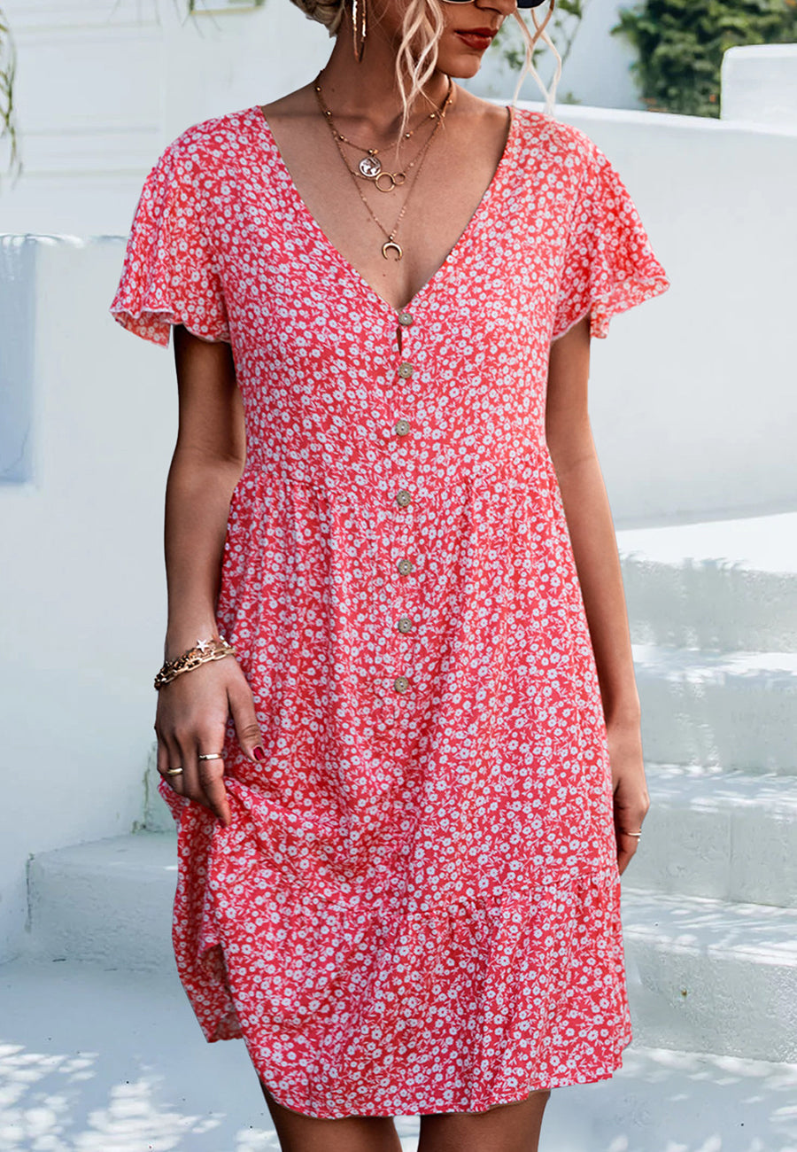 Ditsy Floral Flutter Sleeve Dress