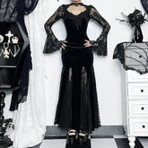 Patchwork Velvet Long Sleeve Midi Dress Black / S
