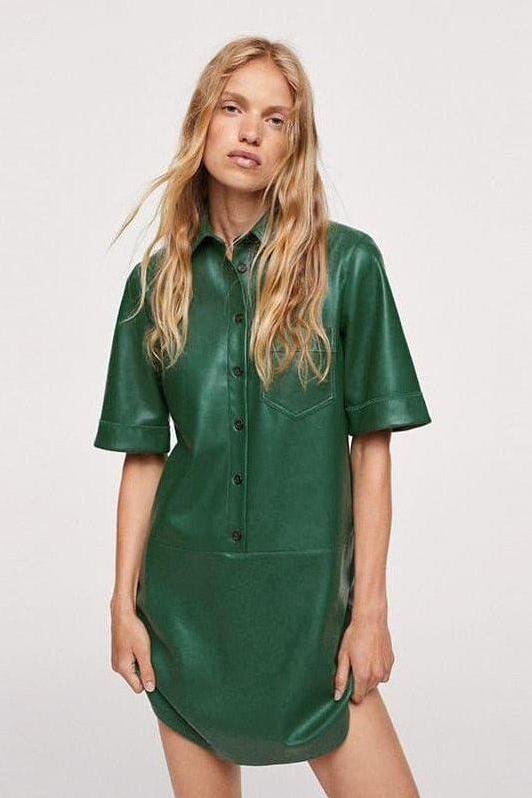 PU leather short-sleeved green mini dress