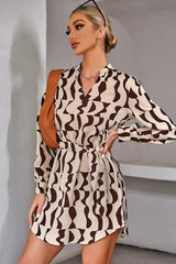 Digital Printed V-neck Tie High Waist Dress