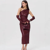 Crossbody Leather Dress Tight Wrapped Chest Pleated Sheath Split Dress
