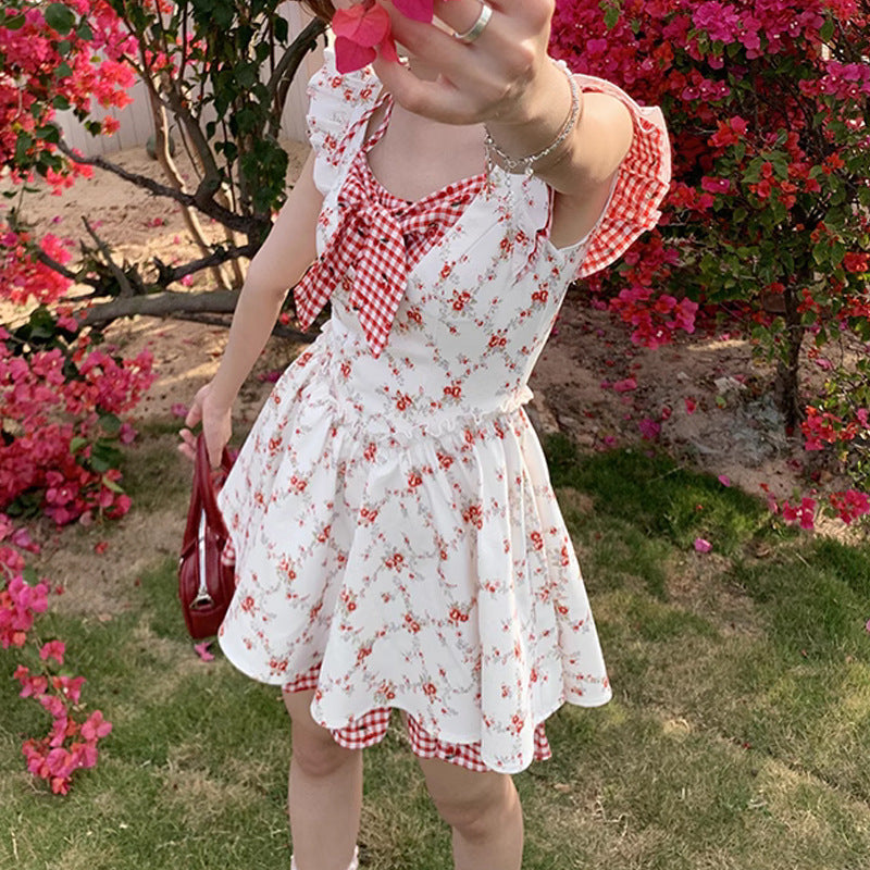 Flying Sleeve Floral Plaid Dress