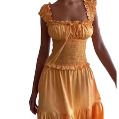 French yellow pleated U-neck dress
