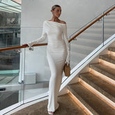 Solid Color Sloping Exposed Shoulder Long Sleeve Office Maxi Dress