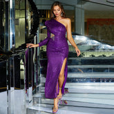 Dress Sequ Irregular Asymmetric off Shoulder Tassel Hollow Out Cutout Dress Evening Dress