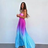 Personalized Gradient Color Halter Pleated Long Dress