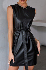 Retro belt PU leather sleeveless short dress