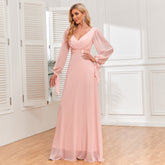 Pink Chiffon Dress Lace Up Long Sleeve Pairs V Neck Stitching Elastic Waist A Large Swing Evening Dress