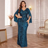 plus Size Sequined Long Sleeve Evening Cocktail Slim Fit Fishtail Long Toast Dress