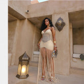 Suspenders Mesh Cropped Outfit Ruffle Hip Tassel Dress