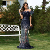 Sequined Lotus Leaf Evening Dress Cocktail Cold Shoulder Elegant Fishtail Dress Long Toast