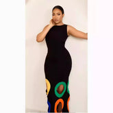 round Neck Sleeveless Color Matching Hollow Out Cutout out Embroidered A line Maxi Dress