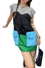 Sleeves loose drawstring short color matching dress