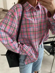 Plaid Collared Long Sleeve Blouse