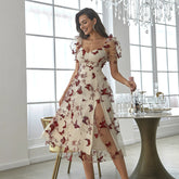 Embroidered Printed Waist off-Shoulder Dress Low-Cut Mesh Large Organza