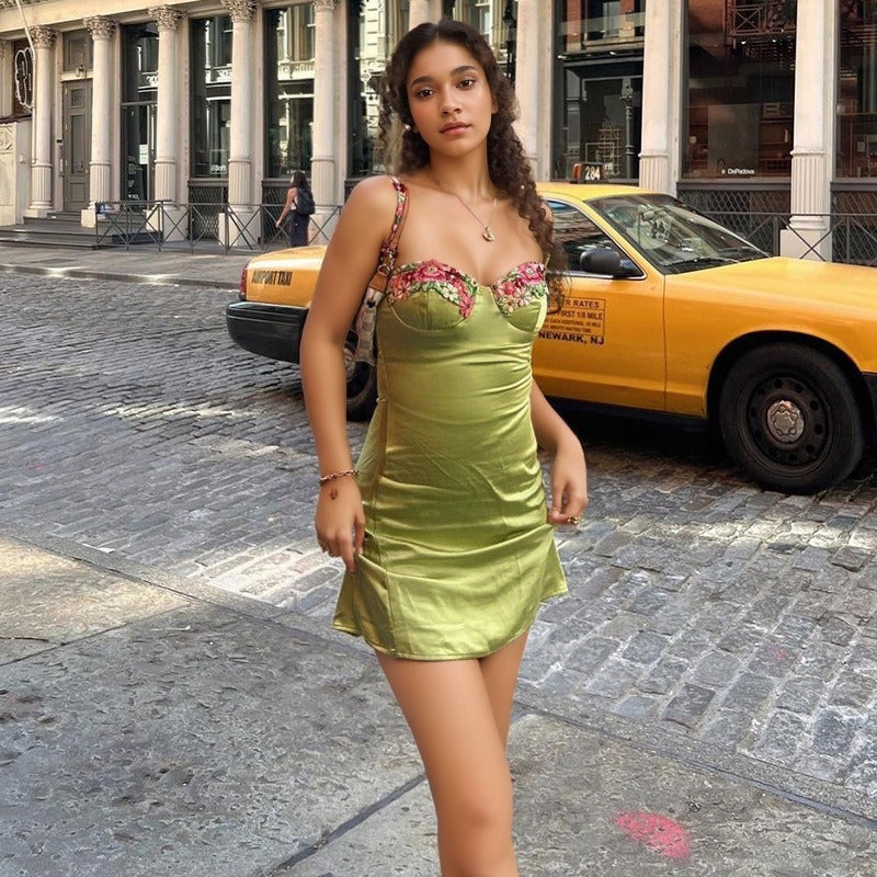 Suspender Waist Embroidered Lace Dress