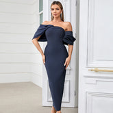 Hip Wrapped Dress Irregular Asymmetric Pleated Shoulder Sleeve Elegant Dress