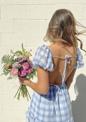 Gingham Puff Open Back Mini Dress