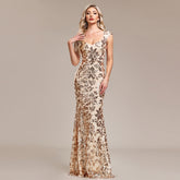 Quality Sweet Square Collar Formal Mermaid Rose Gold Pattern Sequined Sleeveless Party Evening Dress