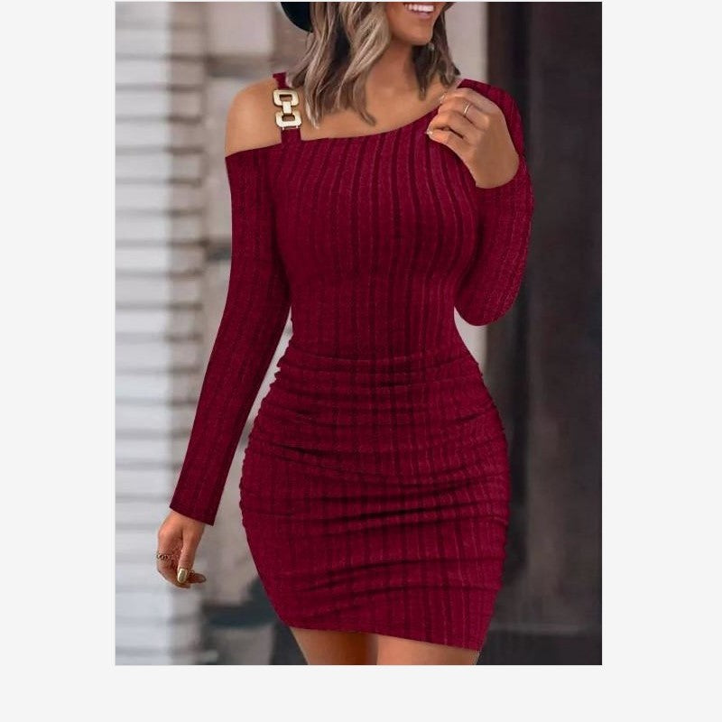 Off-shoulder slanted collar tight dress
