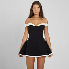 Spring Color-Blocking Design Strapless Figure-Hugging Ruffled Dress