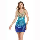 Sleeveless Double V-neck Short Cocktail Dress Embroidered Colorful Full Lining Stretch Everyday Dress