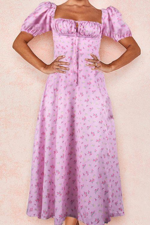 French Floral Printed Backless Long Dress