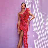 One Shoulder Sleeveless Pleated Lace Bandage Dress Ladies Party Dress