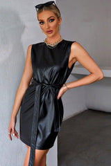 Retro belt PU leather sleeveless short dress
