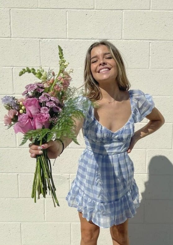 Gingham Puff Open Back Mini Dress