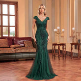 Green Beaded Dress Long Slim Fishtail Bridesmaid Cocktail Evening Dress for
