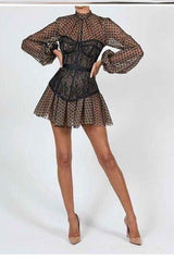 Lantern sleeve chiffon stitching A-line corset dress