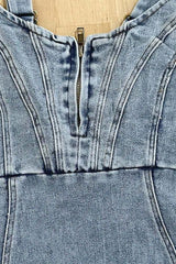 Short-sleeved U-neck Distressed Denim Dress