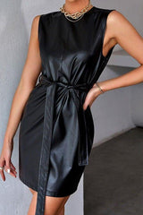 Retro belt PU leather sleeveless short dress