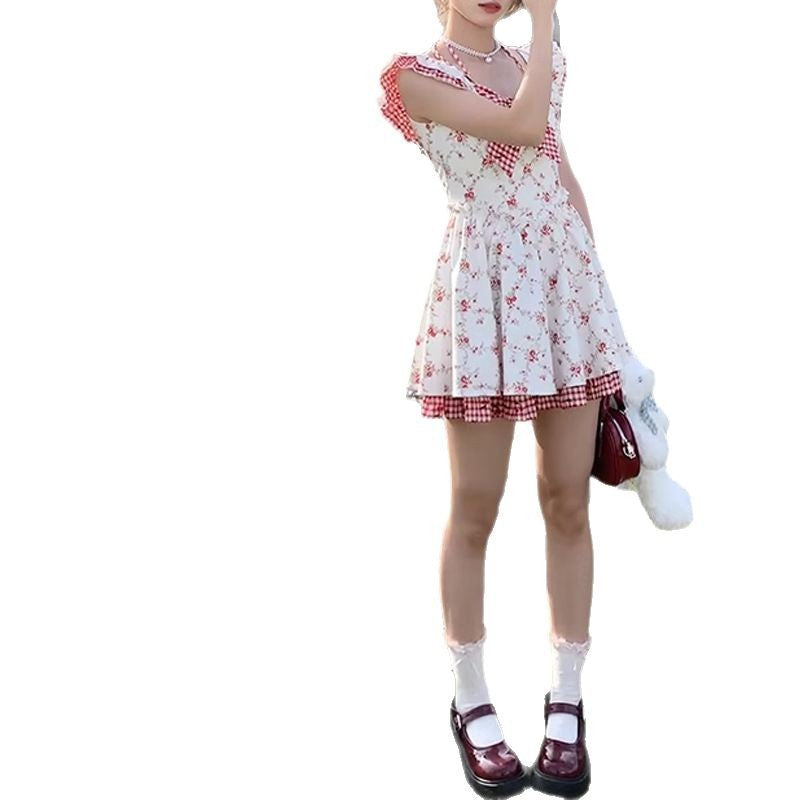 Flying Sleeve Floral Plaid Dress