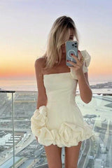 Ruffled flower one-shoulder bud waist dress