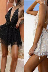 Backless Sequin V-neck Suspender Dress